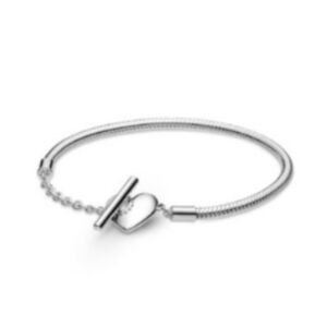 Pandora Silver Snake Chain Heart T-Bar Bracelet Size 8.25
